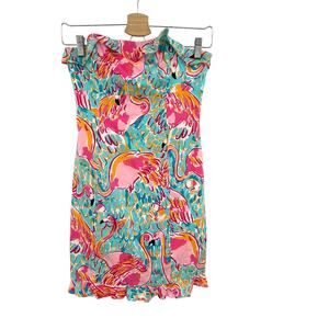 Lilly Pulitzer Franco Dress Mini Strapless Flamingo Print‎ Pink Blue Size 00